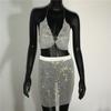 Traje nuevo transfronterizo europeo y americano, traje de cuerpo entero con tiras halter, falda de cuerpo entero, mini falda sexy ajustada de red de pesca con pedrería para mujer