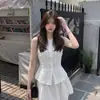 Conjunto de Top sin Mangas con Encaje Plisado Francés Diebaoxi Yunjianbaiyu y Falda de Dos Piezas para Mujer Verano