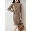 Elegante falda de punto de lana con cuello medio alto para mujer, jersey de cuerpo entero con diamantes grandes, color liso, informal, largo medio