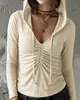 2026 Nueva Sudadera con Capucha y Escote en V de Manga Larga, Otoño Plisada Ajustada Corta Retro Americana Top de Chica Popular Ropa para Mujer