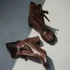 Botines de cuero de caballo lavado al agua con puntera dividida para mujer, botines individuales, otoño e invierno, cuero genuino por dentro y por fuera, con cordones, botines de tacón medio grueso, color desgastado y pulido, botines cortos para mujer