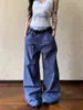 Pantalones de leñador azules de estilo americano con múltiples bolsillos para hombres y mujeres, corte limpio, holgados, de pierna recta, versátiles, con efecto apilado