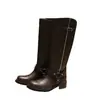 Botas de Equitação Femininas em Couro Integral, Novo Estilo Botas de Couro Bovino Bico Redondo com Cinto Salto Baixo Acima do Joelho, Botas de Pernas Retas para Mulheres