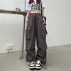 Design Fino de Primavera e Outono Senso de Moda High Street Calças Coroadas Femininas Soltas Retas de Perna Larga Bolso Grande Casuais Retrô Tendência Calças