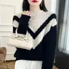 Suéter Rayado Adelgazante para Viajes de Primavera, Otoño e Invierno 2026, Jersey de Punto Grueso Holgado de Bloques de Color de Cuello Alto, Prenda Básica de Punto Moderna para Mujer