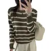 Blusa de malha listrada de outono para mulheres, novo estilo 2026, roupa íntima para primavera e outono, suéter feminino da moda de caimento solto para outono e inverno