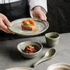 Juego de cuenco y plato estilo rústico para una persona, vajilla de hotel, cuenco de arroz para uso doméstico, presentación de restaurante de cerámica estilo pastoral