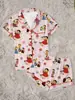Pijama corto doble para mujer con estampado de niña pequeña de dibujos animados Heidi, cuello solapa, seda de leche, sitio independiente de Amazon transfronterizo