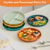 Plato Dividido de Paja de Trigo para Uso Doméstico, Plato de Tres Compartimentos para Pérdida de Peso, Plato Dividido Redondo, Juego de Platos para Desayuno Infantil