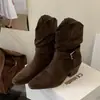 Botas curtas retrô de camurça cor damasco, botas western versáteis, novas botas curtas de salto grosso para outono e inverno, botas femininas estilo francês