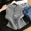 Chal de punto gris para mujer, nicho, con botón de concha marina y estrella de mar, sentido del diseño, sin mangas, top de tirantes cárdigan para capas para mujer, algodón