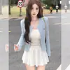 Chaqueta cárdigan azul para mujer, nuevo estilo otoño e invierno 2026, top de punto trenzado bordado con lazo, atuendo estilo coreano