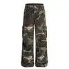 Z013 Estilo Retro Americano Unisex Moda Callejera Gama Alta Diseño Multibolsillos Streetwear Masculino Pantalones Cargo Acampanados Camuflaje