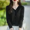 Cárdigan de punto V de lana soluble en agua para principios de primavera, otoño y verano, de manga larga, color liso, fino, holgado, chaqueta superior versátil para mujer