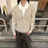 Cardigan de Tricô com Lapela Retro Americano Masculino Solto Casual Versátil Nicho Cor Sólida Casaco Suéter Roupa Masculina Casal