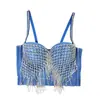 Colete jeans estiloso de rua para garota sexy e quente, espartilho de espinha de peixe estilo rock de grupo de meninas com grade triangular e franjas, camisole cropped