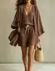 Conjunto de Três Peças de Algodão e Linho Verão 2026 Transfronteiriço Europeu e Americano para Mulheres, Conjunto de Kimono Sem Mangas e Shorts Estilo Resort Europeu e Americano