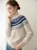 Suéter Jacquard Fair Isle 100% Caxemira Pura para Mulheres, Gola Alta Meia-Estação de Tricô Solto, Estilo Casual Vintage