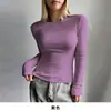 Camiseta Feminina Transfronteiriça High-End Cor Lisa Manga Longa Efeito Emagrecedor Sexy Outono e Inverno Tops Atacado Camiseta Sexy Gola Redonda