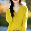 Nuevo cárdigan de punto de algodón puro con cuello en V para otoño e invierno para mujer, suéter holgado de talla grande, ropa de mujer, top de manga larga de alta gama