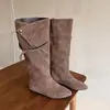 Botas Largas Plisadas para Mujer que Aumentan la Altura 2026, Elegantes y Modernas, Botas de Media Caña Vintage para Doble Uso en Otoño, Botas Vaqueras Occidentales de Punta