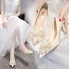 Salto Alto Estilo Fada Salto Agulha Feminino 2025 Novo Laço Strass Bico Fino Salto Alto Raso Sapatos Femininos