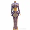 Vestido de Casamento Sexy Azul Prata com Strass e Cristais Roupa de Duas Peças para Aniversário Celebrar Manga Longa Cantora Dançarina