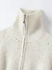 26 Novo Estilo Cardigan de Tricô Grosso com Bordado Pesado para Mulheres, Outono e Inverno Cashmere Zíper Duplo Gola Alta Casaco Suéter