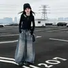Conjunto de otoño para niña, look callejero de mezclilla, nueva colección primavera/otoño, tallas medianas a grandes, pantalones de pierna ancha con estampado de letras, conjunto de dos piezas, moderno