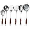 Pala de cocina de acero inoxidable con mango de madera de durazno dorado Sanli engrosada juego de utensilios de cocina para el hogar espátula de acero inoxidable cuchara de sopa colador