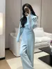 Conjunto de punto de alta gama 2026 Otoño/Invierno Nuevo Top de punto de cuello alto de cintura entallada + Pantalones rectos de pierna ancha Conjunto de dos piezas para mujer