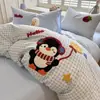 Lindo juego de cuatro piezas de algodón grueso cepillado de dibujos animados, cálida funda nórdica de invierno de rizo bordado de algodón puro para la piel, sábana, ropa de cama