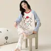 Pijama de Algodón Puro para Mujer para Primavera y Otoño, Manga Larga, Pantalón Largo, Cuello Redondo, Sin Capucha, Holgado, Ropa de Casa Casual, Se Puede Usar Afuera, Conjunto de Dos Piezas