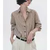 Camisa de Manga Longa com Listras Contrastantes Estilo Old Money Francês para Mulheres, Caimento Solto Preguiçoso Relaxado, Roupa de Verão para Proteção Solar
