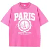 Camiseta Informal Transfronteriza para Mujer Lavado Ácido Camiseta con Estampado Ciudad Descubrimiento París Algodón Desgastado Manga Corta Moderna Negra para Mujer