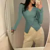 Diseño de Cuello en V Cruzado Ajustado Tejido de Punto Prendas Exteriores Top 2025 Otoño e Invierno Nueva Camisa de Manga Larga para Mujer
