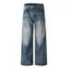 Calça Jeans Lavada Estilo Americano, Marca Punk Trendy, Calça Larga Casual Solta, Calça Longa Masculina Reta com Efeito Desgastado