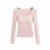Camiseta Ajustada Sexy Estilo Americano Chica Picante con Cuello en U Amplio 2025 Otoño e Invierno Top Engrosado de Manga Larga con Almohadillas en el Pecho
