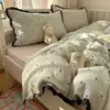 Juego de Ropa de Cama de Cuatro Piezas de Algodón Lavado de Gasa de Doble Capa Estilo Francés Funda de Edredón de 1.8 Juego de Tres Piezas para Dormitorio Sábana Bajera Estilo Princesa