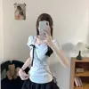Elegante camiseta de manga corta con lunares y lazo para mujer, nuevo diseño de verano, única, hermosa, elegante y estilizada