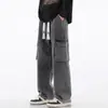 Jeans de Trabajo Color Gris Humo para Hombre, Nuevo Estilo Otoño 2025, Corte Holgado, Pantalones Rectos Largos hasta el Suelo, Pantalones con Bolsillos Múltiples