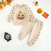 Conjunto de pantalones para niños pequeños de Halloween casual de 2025 con toalla de cara sonriente de calabaza, bordado de bloques de color a cuadros, para bebés y niños pequeños