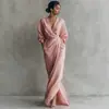 2026 Nuevo Vestido Largo Elegante de Color Sólido con Cuello en V, Manga Larga, Cintura Fruncida con Abertura y Bolsillo, Estilo Europeo y Americano, para Sitios Independientes de Amazon