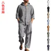 Nuevo producto transfronterizo de Amazon: Camisa de lino de manga larga con capucha para hombre, estilo americano, corte holgado + pantalón largo de corte holgado