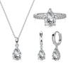 Pendientes, collar y anillo de plata de ley S925 estilo boda para mujer con incrustaciones de circonita en forma de pera, joyería de moda sencilla y combinable.