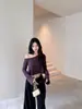 Camiseta de sarga de algodón de 260 g con un solo hombro y manga larga para mujer, verano, otoño, corta, adelgazante, versátil, hombros descubiertos, sexy, para chica, nicho adelgazante