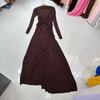 Nanyou Diseño de Nicho Europeo y Americano Tejido Elástico Manga Larga Delgado Plisado Ligero Vestido Vestido Falda Larga