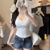 Verano Nuevo Cuello en V Encaje Borde Costuras Dulce Top de Manga Corta Es Cómodo con Almohadillas para el Busto para Lucir Delgada y Sexy