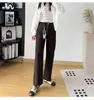 ¡Muy recomendable! Diseño súper elegante de cerezas~ Jeans tipo cigarrillo elásticos en cuatro direcciones para mujer, estilo otoño, Pantalones rectos cropped de cintura alta de Lyocell