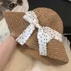 Chapéu com Bolinhas, Fita, Laço, Chapéu de Palha para Mulheres, Chapéu de Sol para Férias na Praia de Verão, Proteção Solar, Chapéu de Sol de Palha com Aba Larga